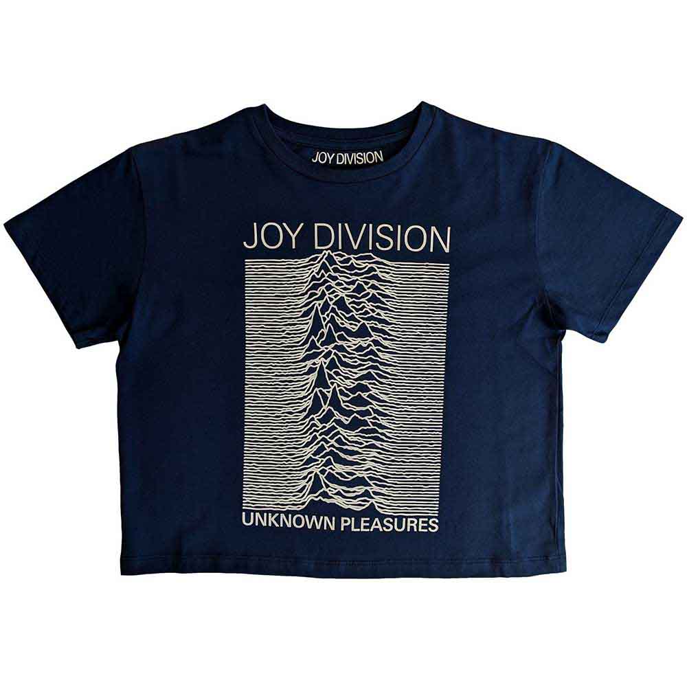 Black cropped t-shirt featuring the album art for Joy Division’s “Unknown Pleasures”.