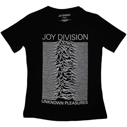 Black ladies' t-shirt featuring the waveform image from Joy Division’s *Unknown Pleasures* album.