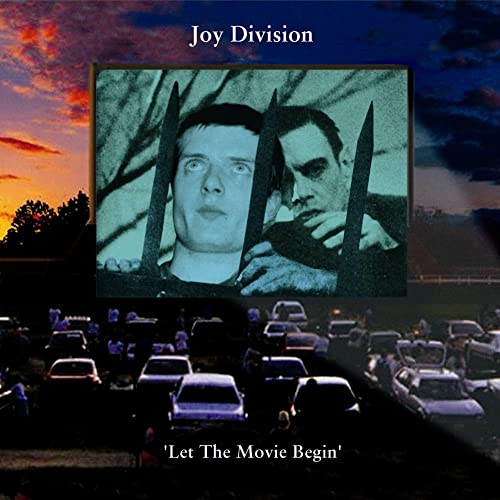 Joy Division album cover with two men and knives, viewed as a drive-in movie.