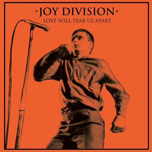 Joy Division album cover: singer with microphone on orange background.