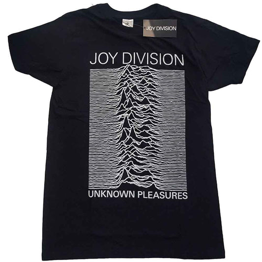 Black unisex t-shirt featuring the white Unknown Pleasures album art on the chest.