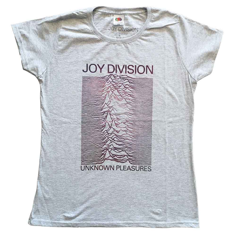 Grey women's t-shirt with Joy Division's "Unknown Pleasures" album art.