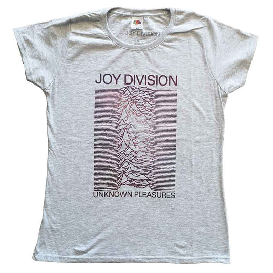 Grey women's t-shirt with Joy Division's "Unknown Pleasures" album art.