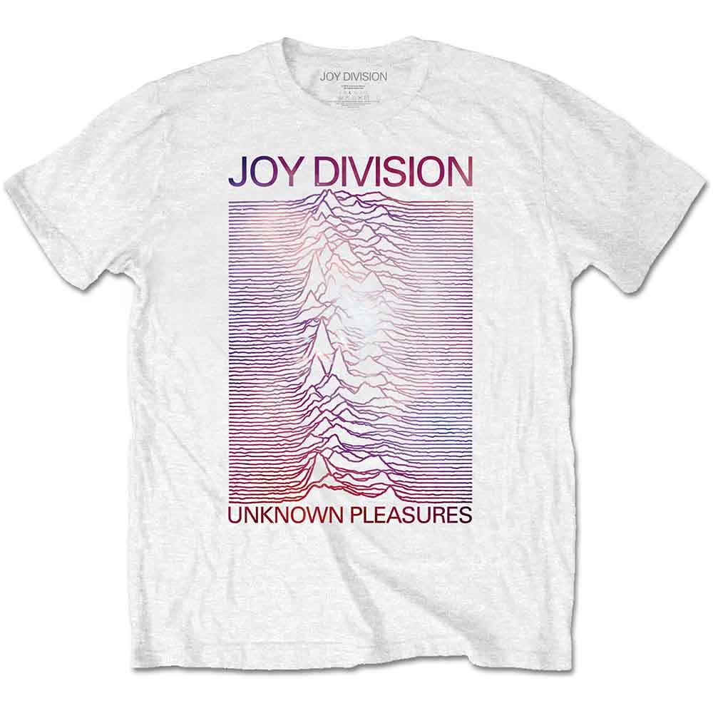 White t-shirt with “Joy Division” and “Unknown Pleasures” album art graphic.