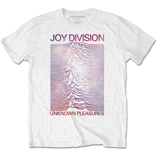 White t-shirt with “Joy Division” and “Unknown Pleasures” album art graphic.