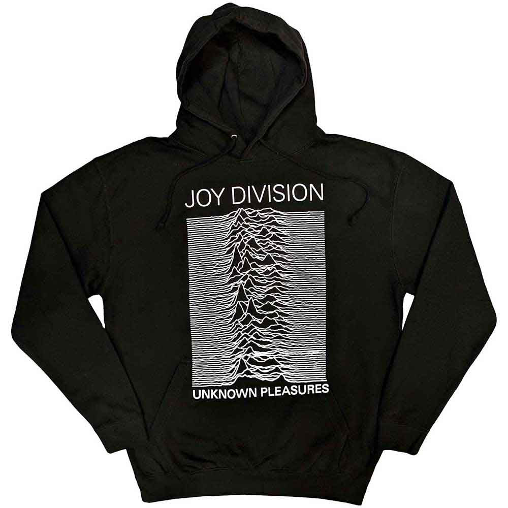 Black hoodie featuring the waveform image from Joy Division’s “Unknown Pleasures” album.