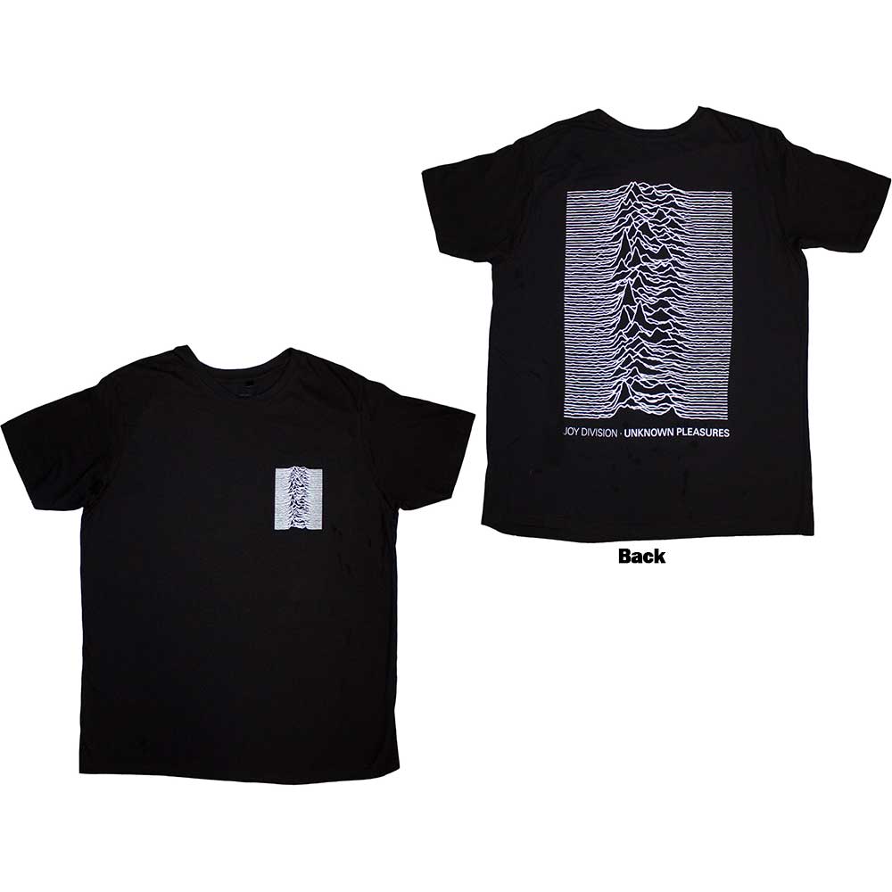 Black unisex t-shirt with a white Joy Division "Pulsar" graphic on the back.