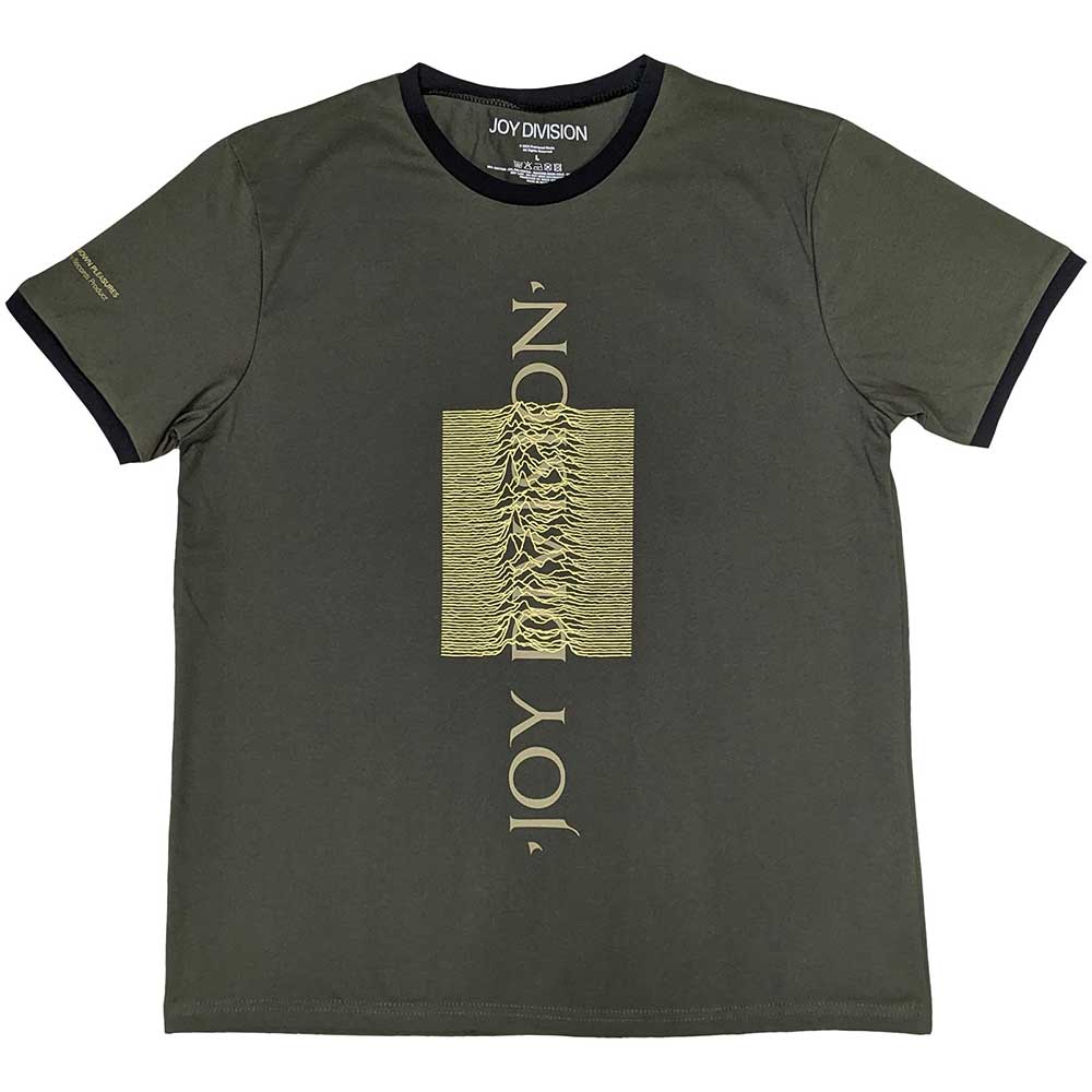 Black t-shirt with white collar, Joy Division “Blended Pulse” design, size large.