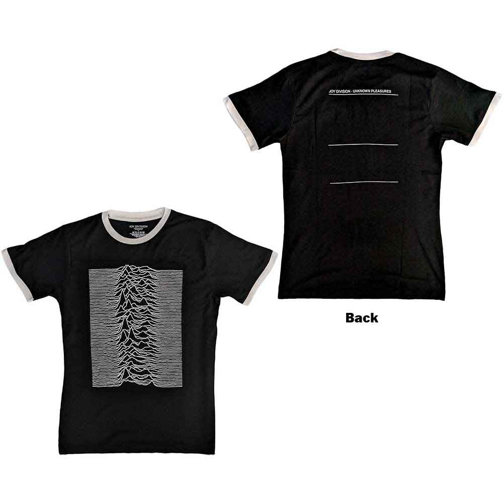 Black t-shirt with white ribbed collar, “Unknown Pleasures” waveform design on back.