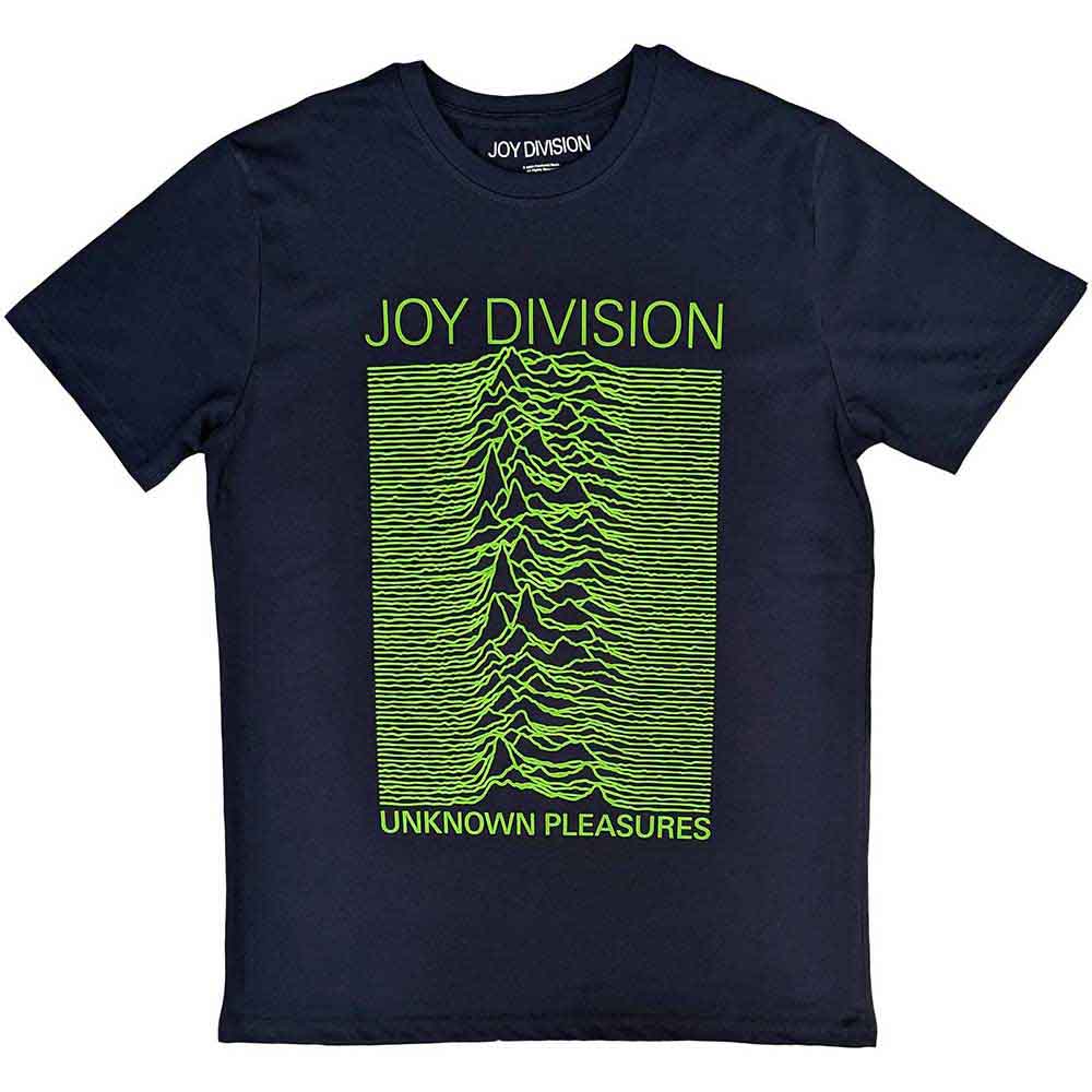 Black t-shirt featuring the waveform image from Joy Division’s *Unknown Pleasures* album.