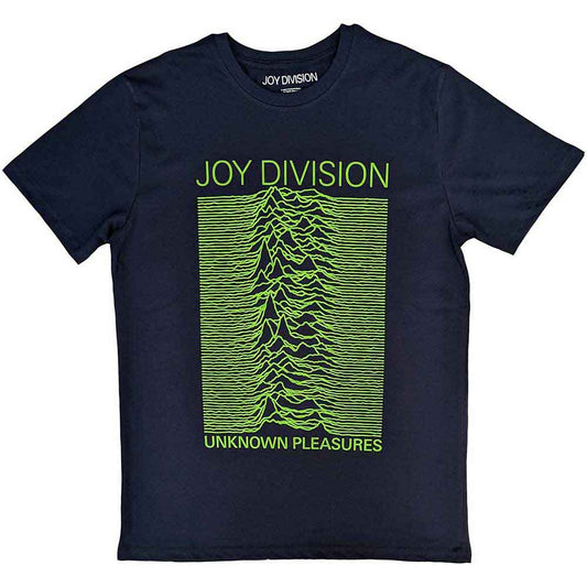 Black t-shirt featuring the waveform image from Joy Division’s *Unknown Pleasures* album.