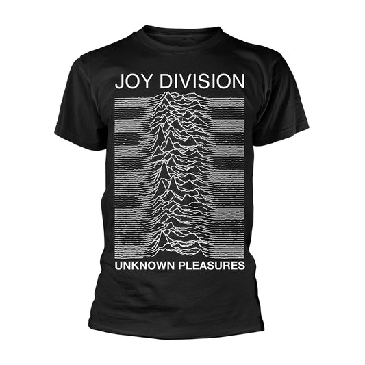 Black t-shirt with white graphic of mountain range waveform and text.
