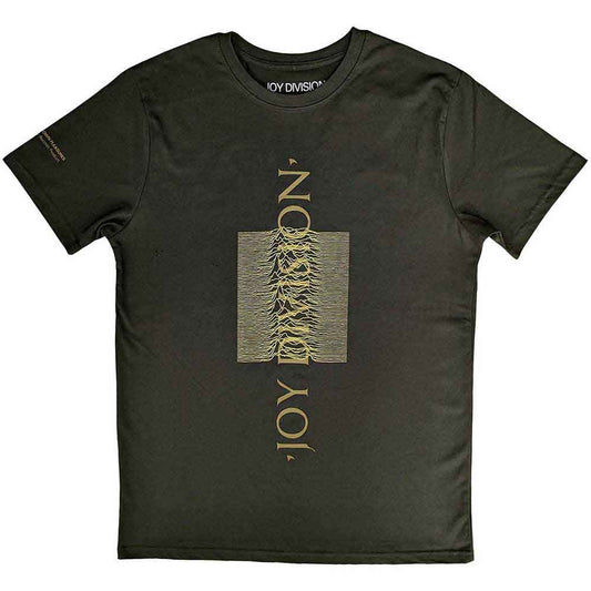 Green t-shirt with Joy Division’s “Unknown Pleasures” album artwork.