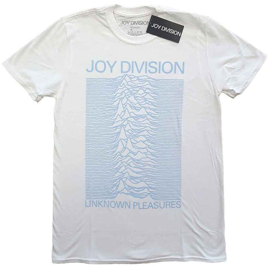 White t-shirt with blue Joy Division Unknown Pleasures pulsar wave graphic on the front.