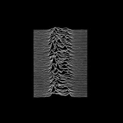 "Album cover with 'Joy Division - Unknown Pleasures' text on a dark grey background."