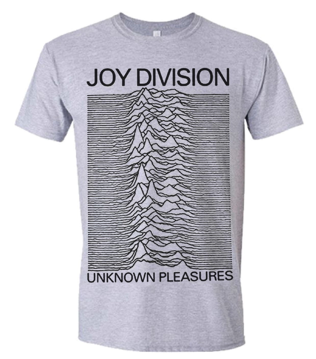 Grey t-shirt with black Joy Division “Unknown Pleasures” album cover graphic.