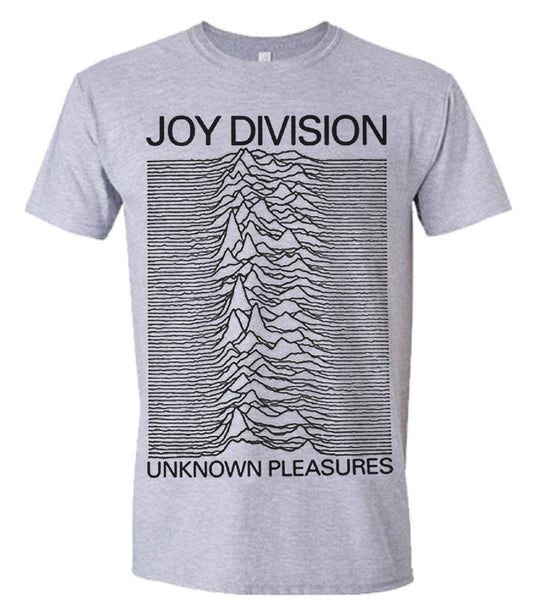 Grey t-shirt with black Joy Division “Unknown Pleasures” album cover graphic.