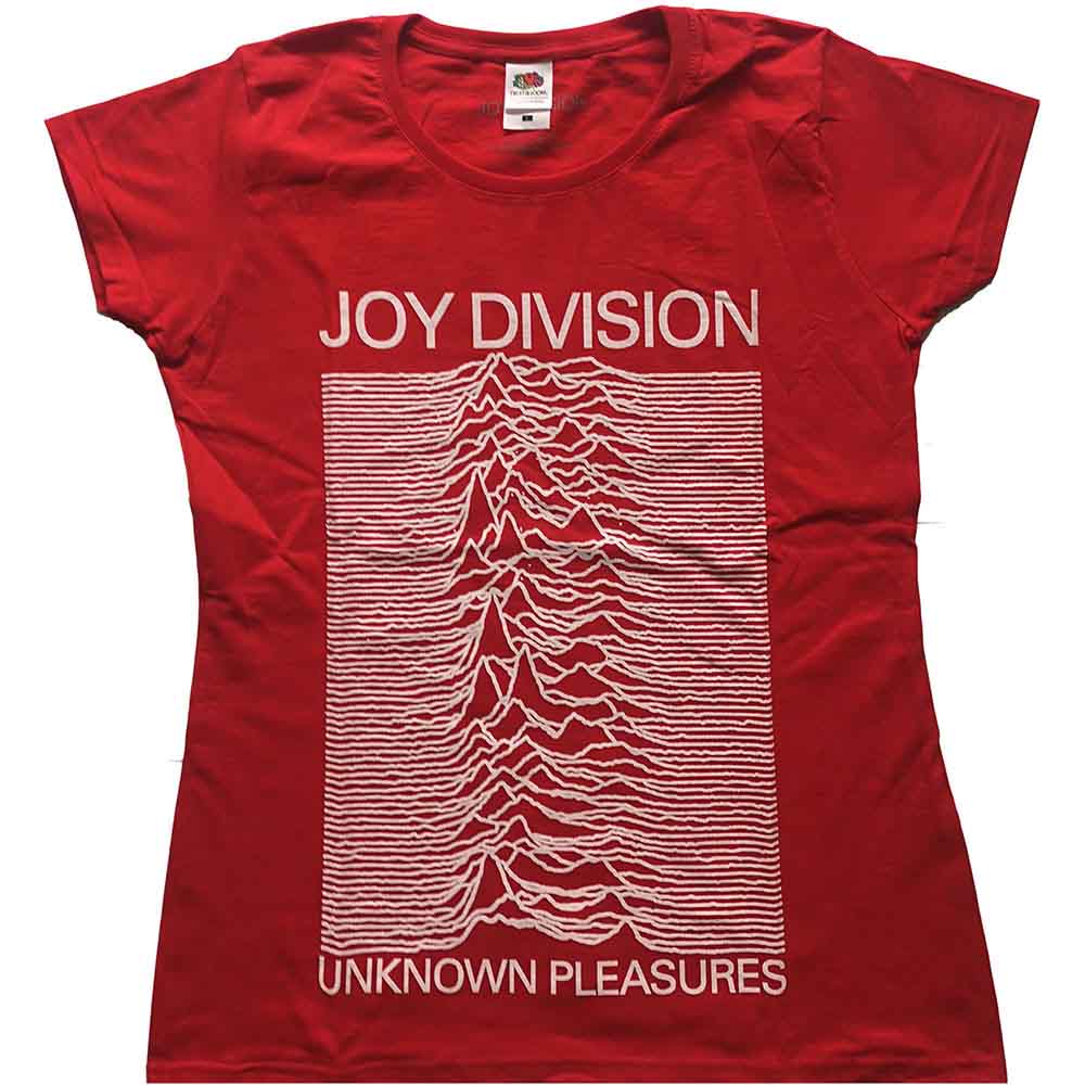 Red women's t-shirt with Joy Division's "Unknown Pleasures" album art.