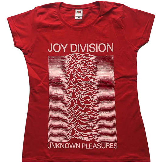 Red women's t-shirt with Joy Division's "Unknown Pleasures" album art.