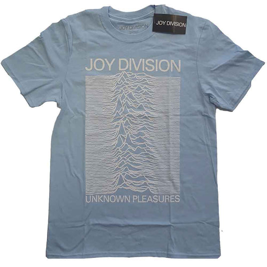 Light blue t-shirt with white "Joy Division" and waveform graphic.