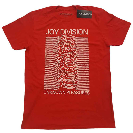 Red Joy Division t-shirt with white "Unknown Pleasures" waveform graphic.