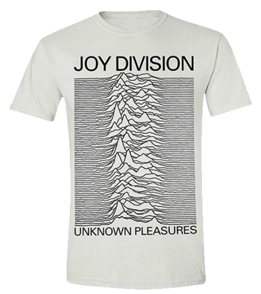 White t-shirt with black Joy Division “Unknown Pleasures” album art.