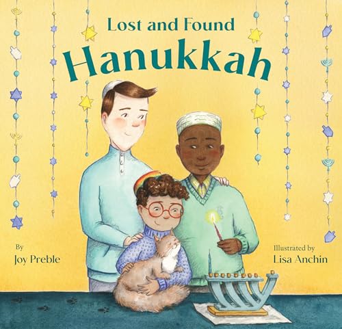 Book cover: three children, a cat, and a Hanukkah menorah.