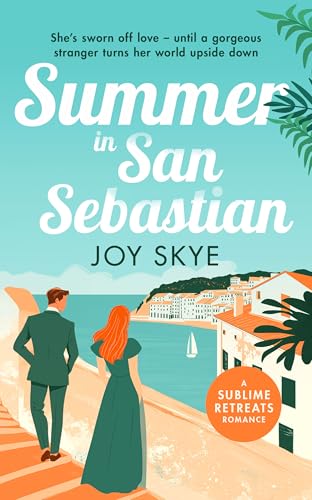 Book cover showing a couple walking by a coastal town with a blue sea.
