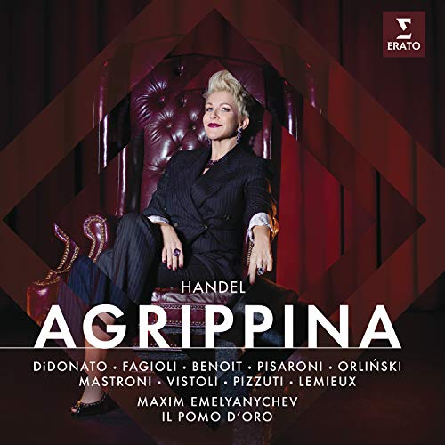 CD cover featuring Joyce DiDonato in a suit, seated on a red chair.
