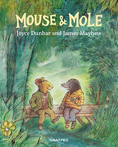 A mouse and a mole sitting on a wooden bench in a lush forest.