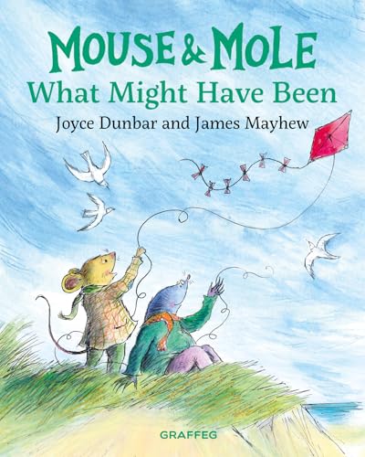 Mouse and Mole fly a red kite with birds on a hill.