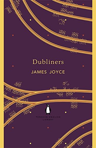 "Book cover of 'Dubliners' by James Joyce, purple with yellow arches and penguin logo."