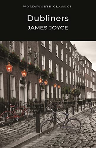 Book cover for Dubliners by James Joyce featuring a cobblestone street with bicycles.