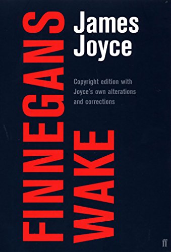 Book cover: "Finnegans Wake" by James Joyce, red text on dark blue.