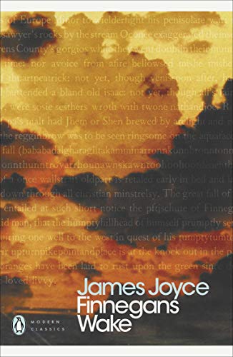 Book cover of James Joyce’s “Finnegans Wake,” with blurred text and orange tones.