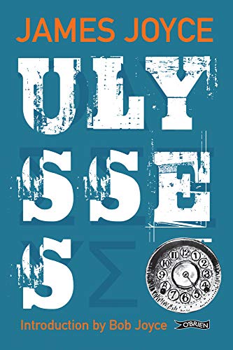 Book cover for "Ulysses" by James Joyce, with distressed typography and a clock.