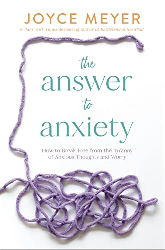 Book cover: "The Answer to Anxiety" by Joyce Meyer, with purple string.