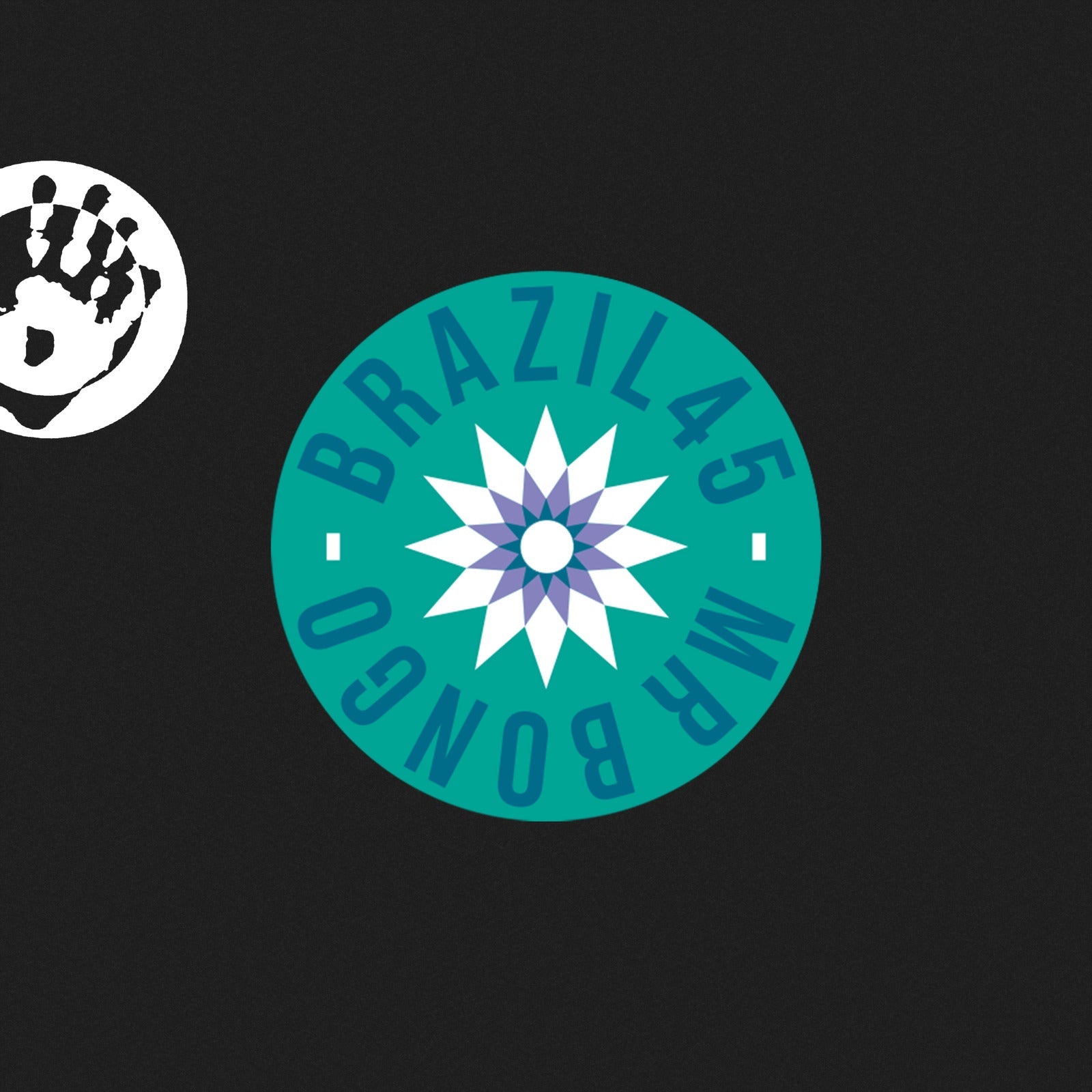 Black background with a teal and white Brazil45 record label and handprint.