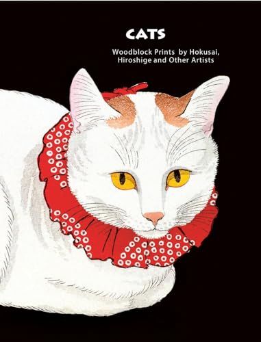A white cat with yellow eyes and a red ruffled collar on black background.
