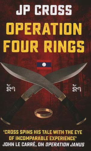 Book cover: "Operation Four Rings" with curved knives and a ring.