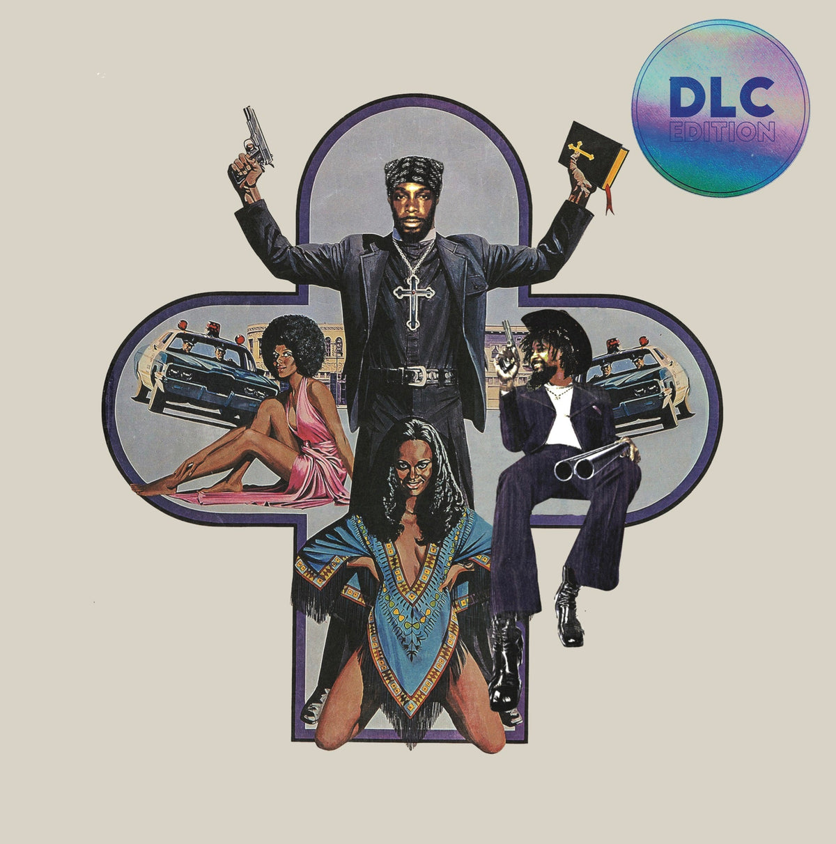 Album cover featuring figures with weapons, a bible, and police cars.