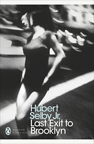 "Black and white book cover with a woman and text 'Hubert Selby Jr. Last Exit to Brooklyn'."