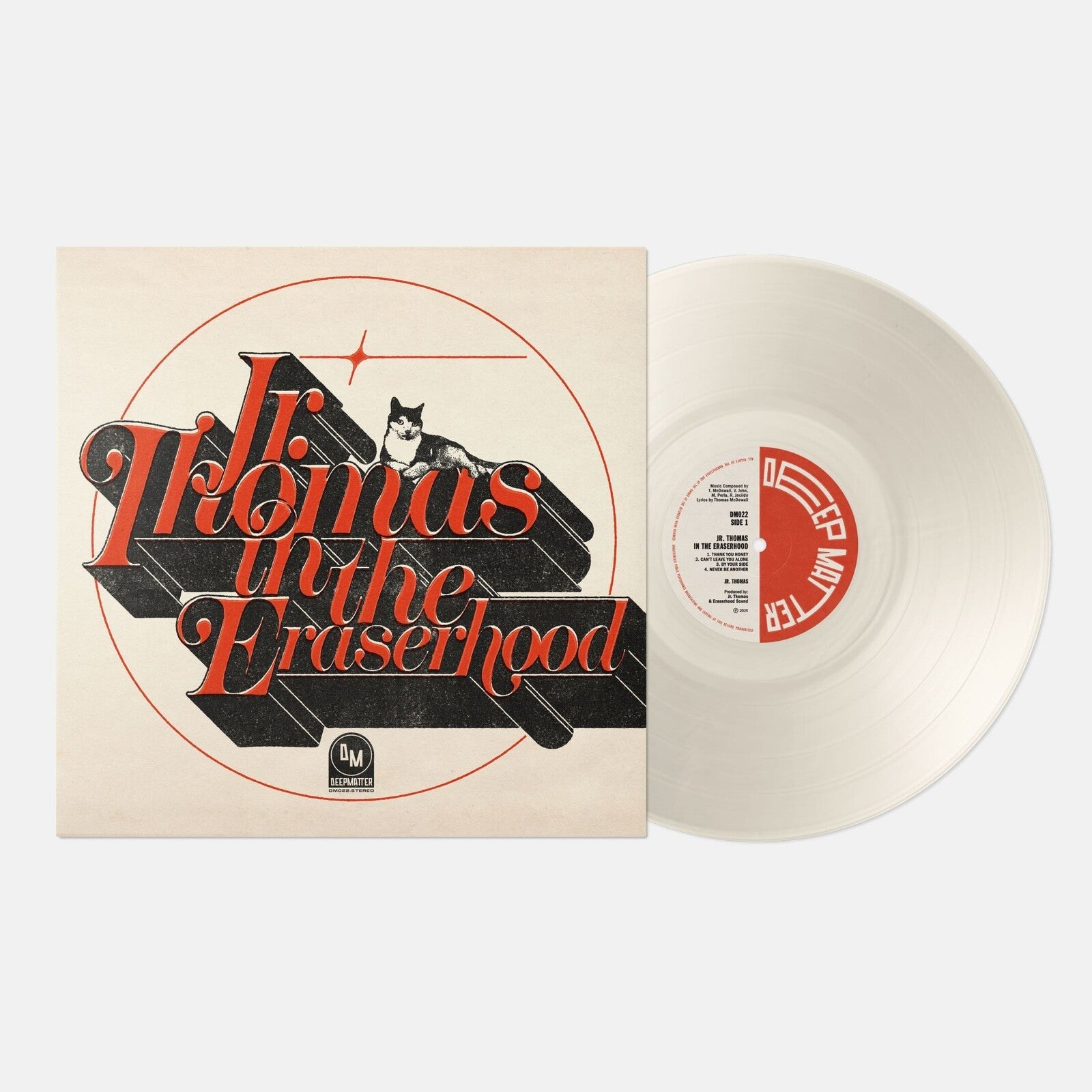 Vinyl record of "Jr. Thomas - In The Eraserhood" with cat illustration.