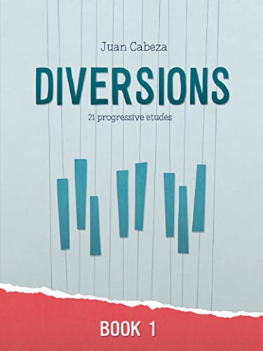 Piano music book cover, "Diversions Book 1" by Juan Cabeza, with abstract design.