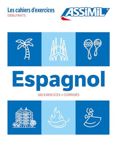 Spanish beginner exercise book cover with icons of travel and culture.