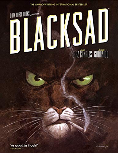 Cover art for Blacksad featuring a close-up of a black cat smoking a cigarette.