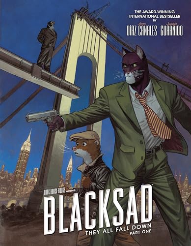 Anthropomorphic cat and weasel detectives with a city skyline backdrop.