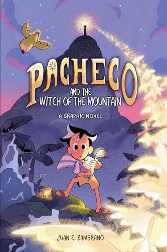 Graphic novel cover: boy with parrot, mountain, and glowing text.