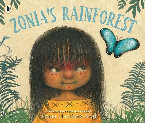 Book cover: young girl with butterfly, rainforest foliage, illustrated style.