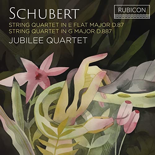 CD cover with watercolor-style floral and hand illustration, text “Schubert” and “Jubilee Quartet”.